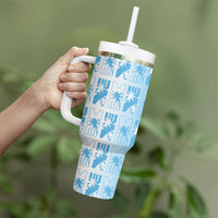 Bula Fiji Tumbler With Handle White Makare Masi Tapa Pattern LT05 - Polynesian Pride