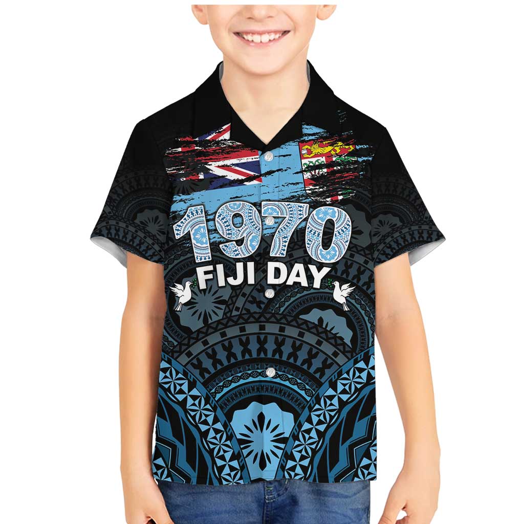 Personalised Happy Fiji Day 1970 Family Matching Mermaid Dress and Hawaiian Shirt Flag Grunge Style