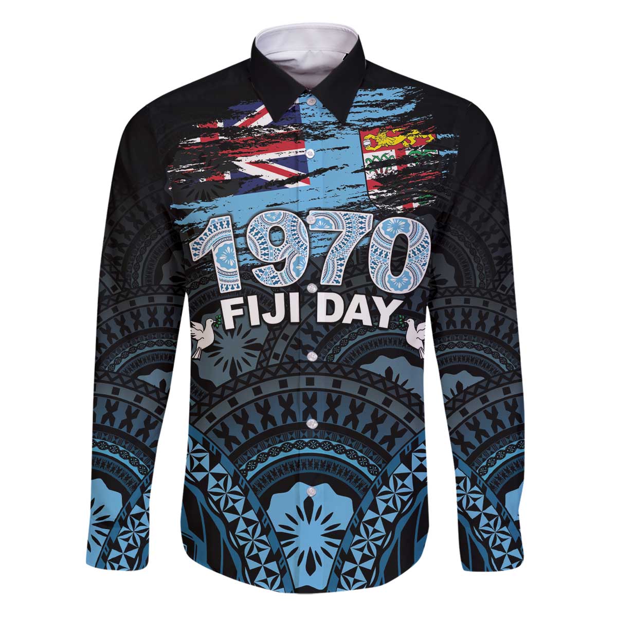 Personalised Happy Fiji Day 1970 Family Matching Puletasi and Hawaiian Shirt Flag Grunge Style