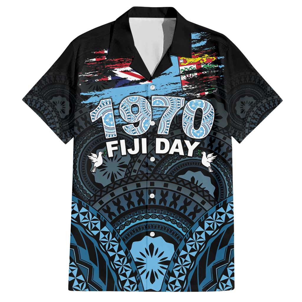 Personalised Happy Fiji Day 1970 Family Matching Short Sleeve Bodycon Dress and Hawaiian Shirt Flag Grunge Style