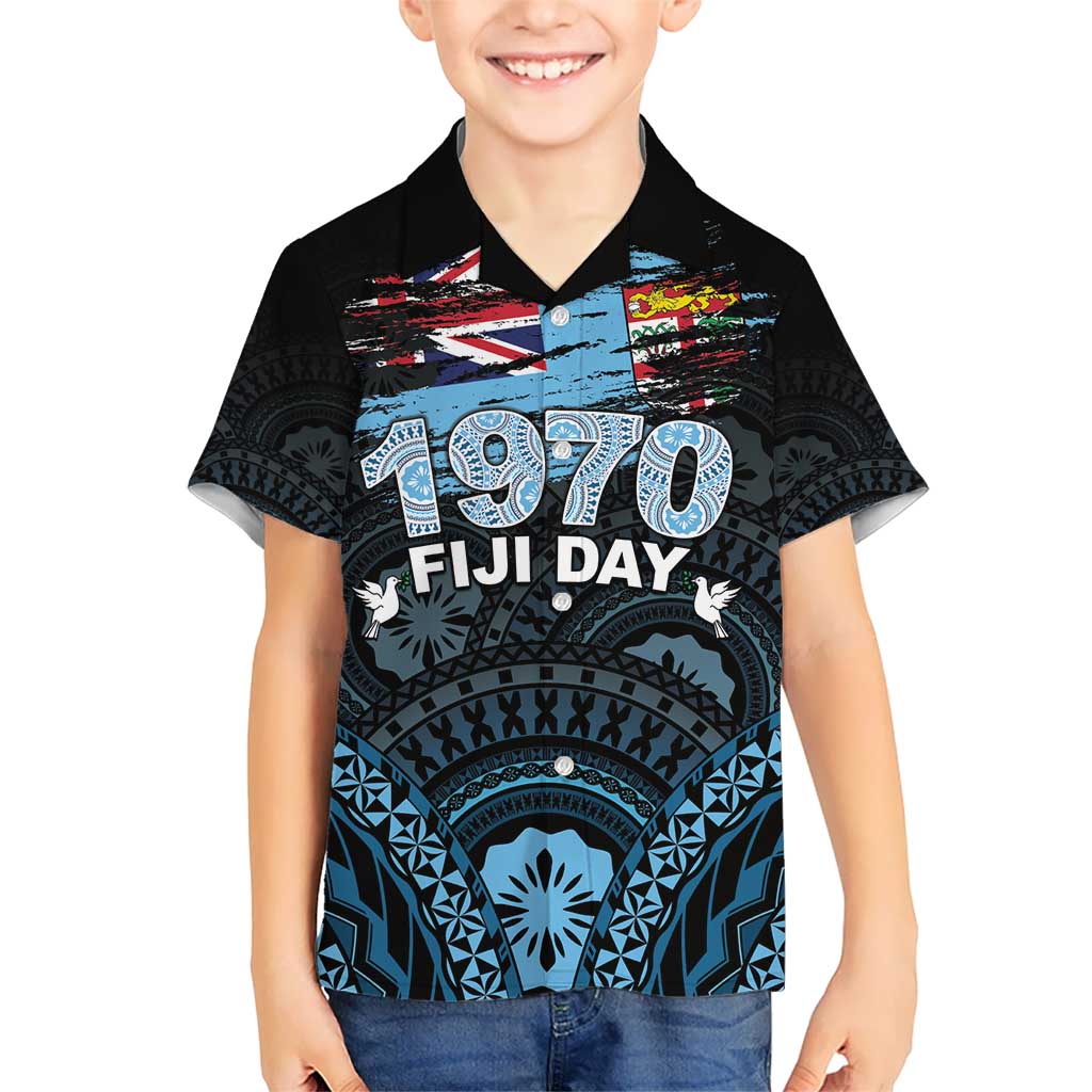 Personalised Happy Fiji Day 1970 Kid Hawaiian Shirt Flag Grunge Style LT05 Kid Black - Polynesian Pride