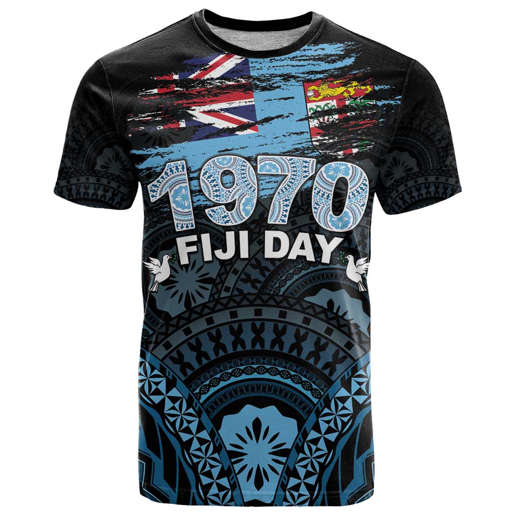 Personalised Happy Fiji Day 1970 T Shirt Flag Grunge Style LT05 Black - Polynesian Pride