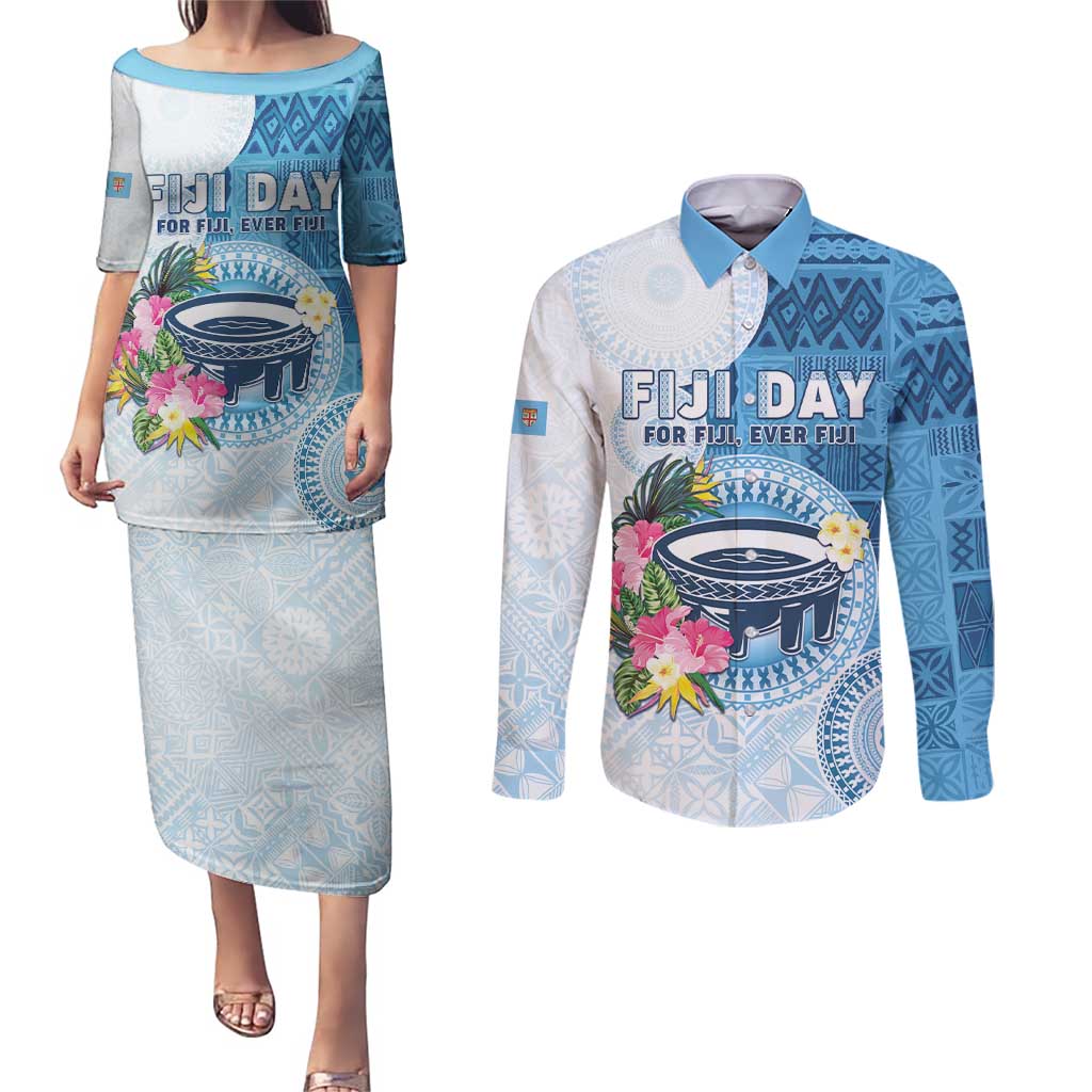 Fiji Day Couples Matching Puletasi and Long Sleeve Button Shirt Proud To Be Fijian LT05 Blue - Polynesian Pride