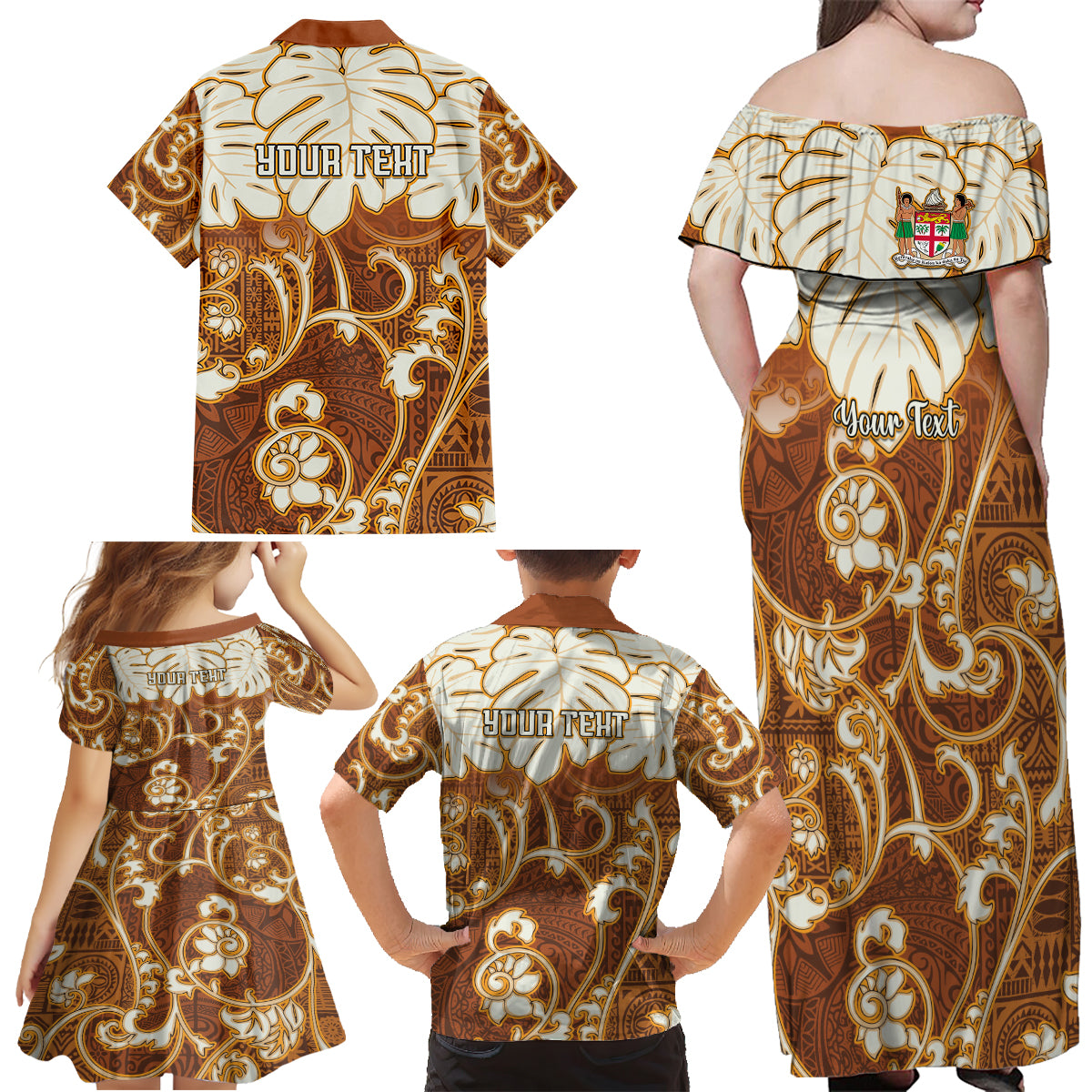 Personalized Fiji Spring Break Family Matching Off Shoulder Maxi Dress and Hawaiian Shirt Fijian Tapa Pattern Brown LT05 - Polynesian Pride