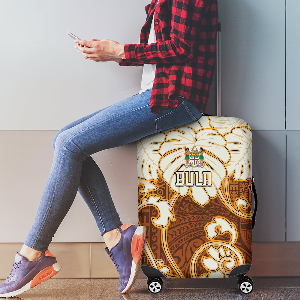 Fiji Spring Break Luggage Cover Fijian Tapa Pattern Brown LT05 - Polynesian Pride