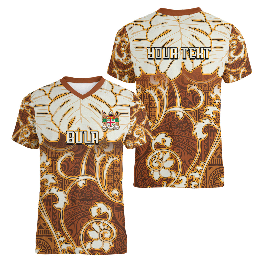 Personalized Fiji Spring Break Women V Neck T Shirt Fijian Tapa Pattern Brown LT05 - Polynesian Pride