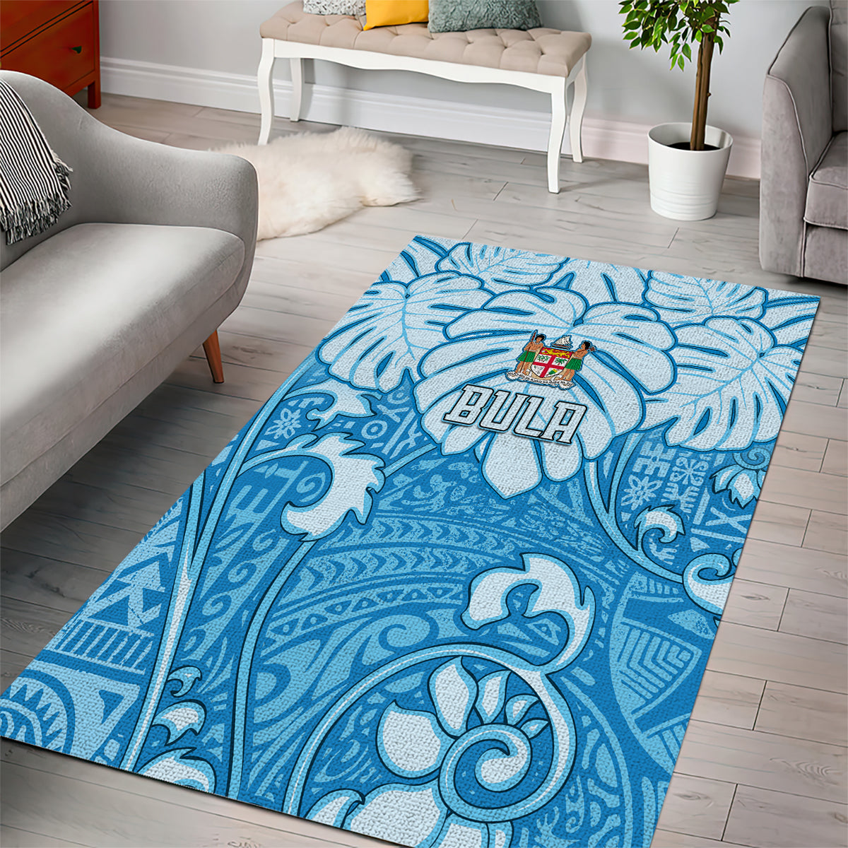 Fiji Spring Break Area Rug Fijian Tapa Pattern Blue LT05 - Polynesian Pride