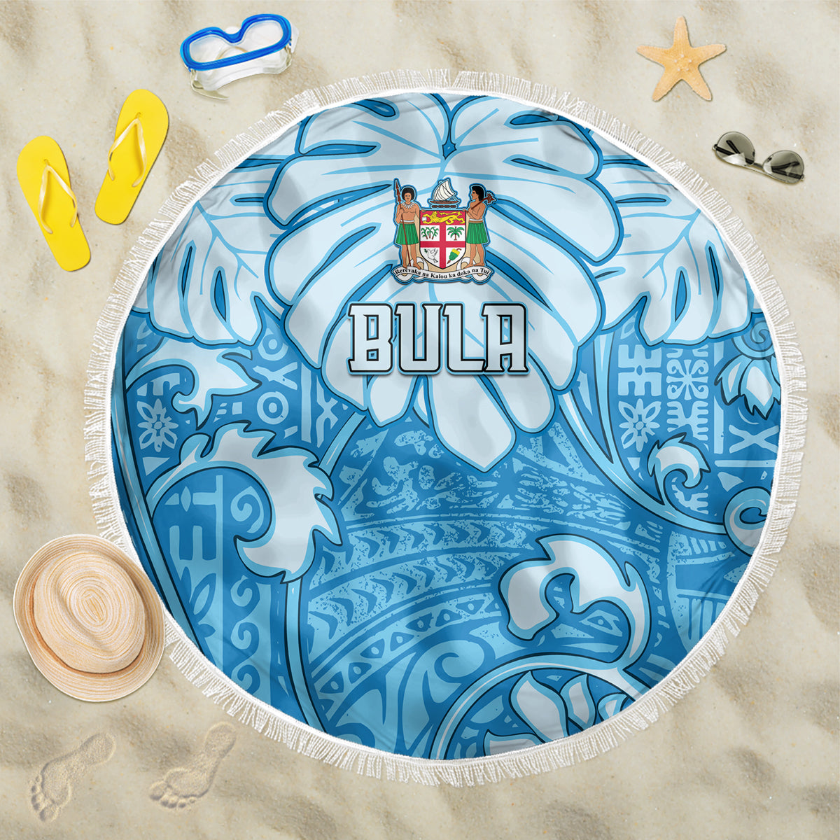 Fiji Spring Break Beach Blanket Fijian Tapa Pattern Blue LT05 One Size 150cm Blue - Wonder Print Shop