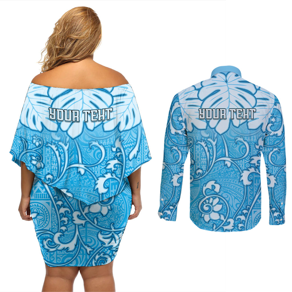 Personalized Fiji Spring Break Couples Matching Off Shoulder Short Dress and Long Sleeve Button Shirts Fijian Tapa Pattern Blue LT05 - Polynesian Pride