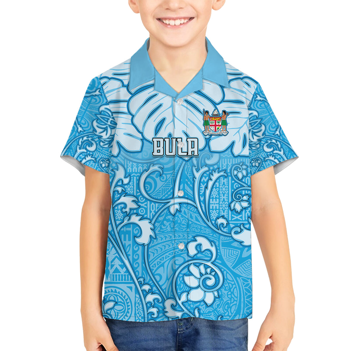 Personalized Fiji Spring Break Family Matching Long Sleeve Bodycon Dress and Hawaiian Shirt Fijian Tapa Pattern Blue LT05 Son's Shirt Blue - Polynesian Pride