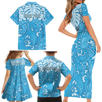 Personalized Fiji Spring Break Family Matching Short Sleeve Bodycon Dress and Hawaiian Shirt Fijian Tapa Pattern Blue LT05 - Polynesian Pride