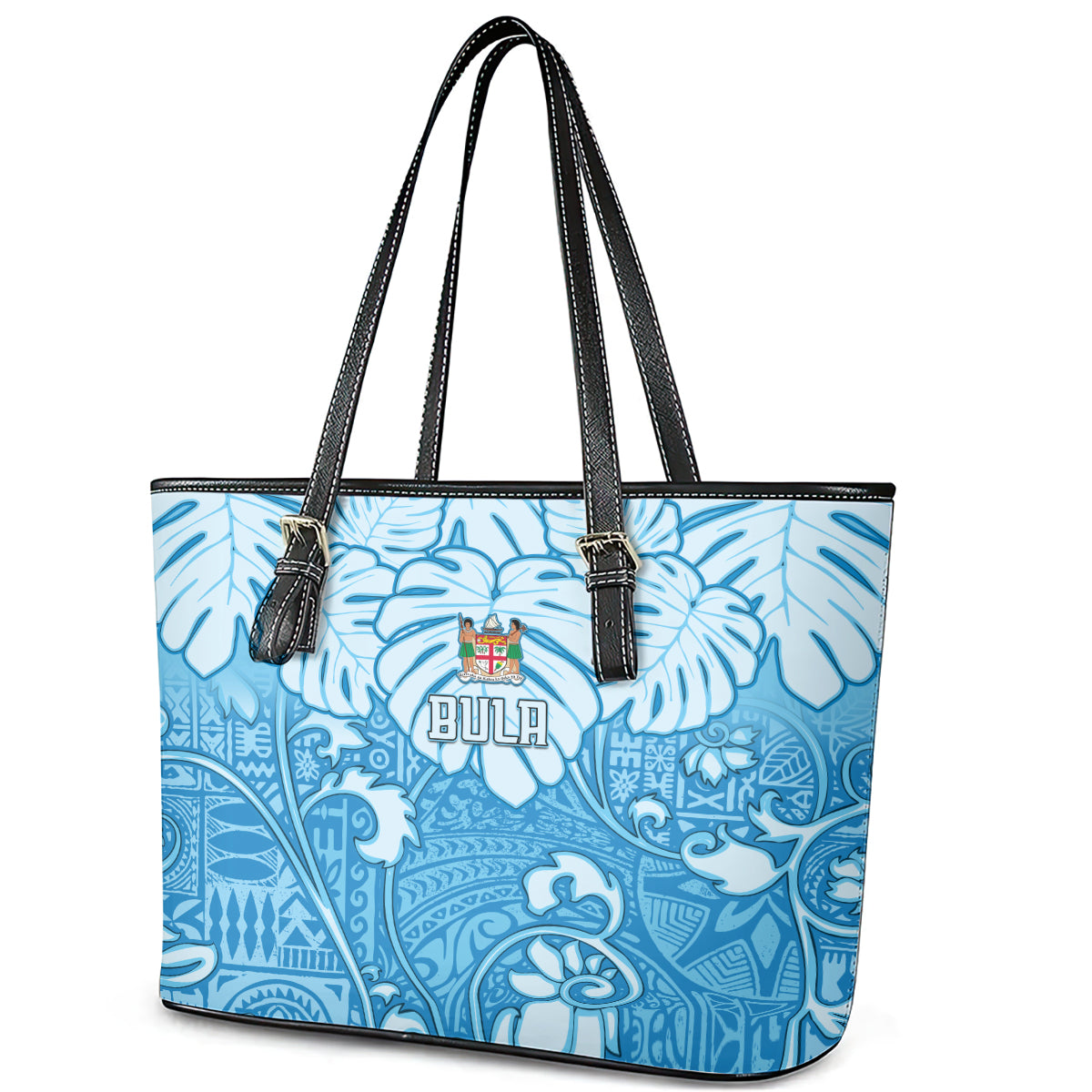 Fiji Spring Break Leather Tote Bag Fijian Tapa Pattern Blue LT05 - Polynesian Pride