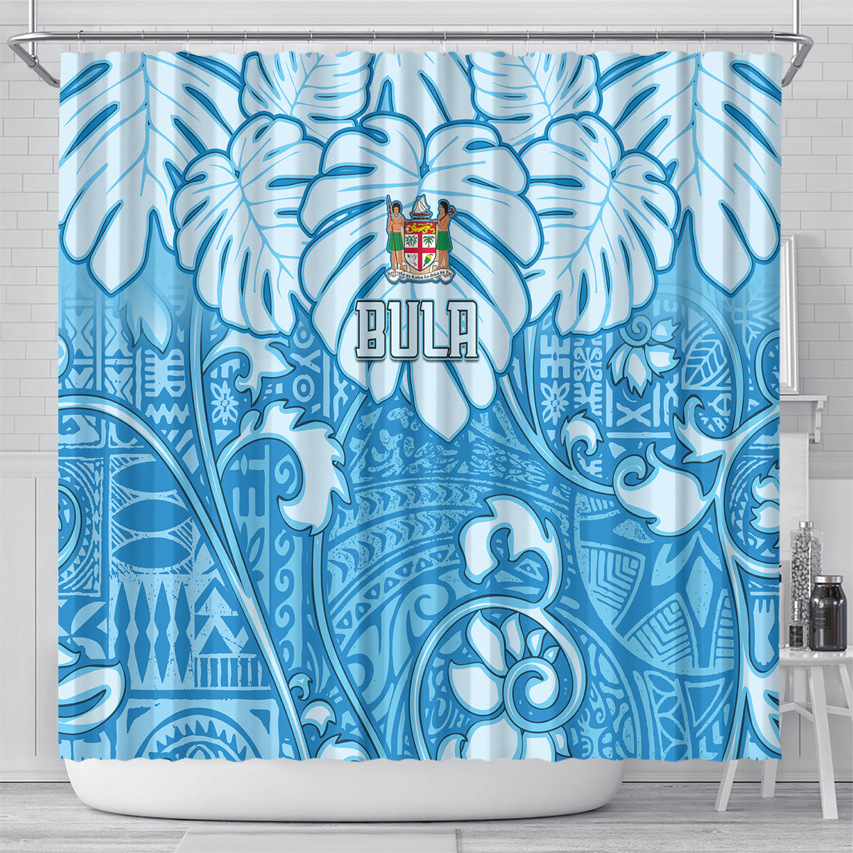 Fiji Spring Break Shower Curtain Fijian Tapa Pattern Blue LT05 - Polynesian Pride