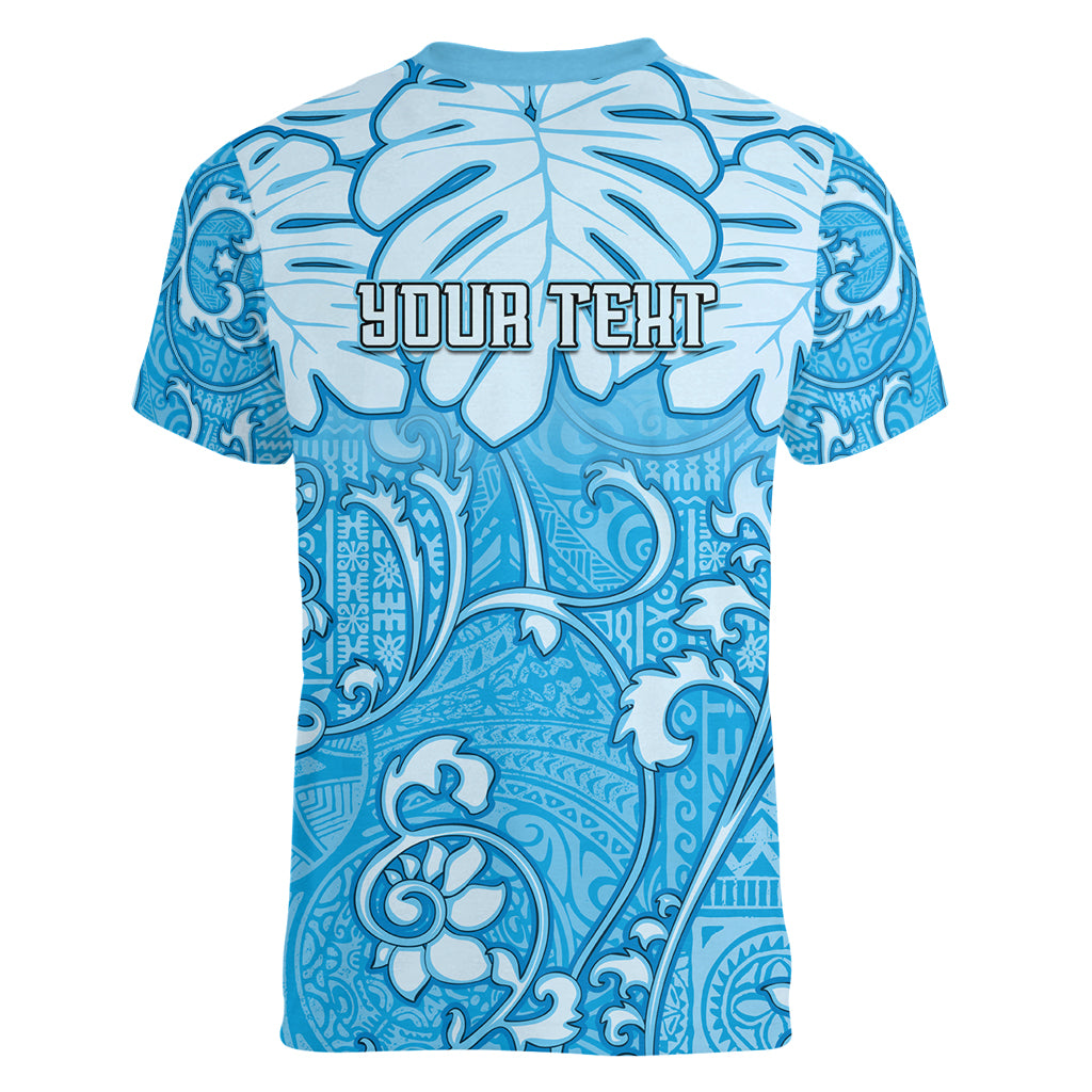 Personalized Fiji Spring Break Women V Neck T Shirt Fijian Tapa Pattern Blue LT05 - Polynesian Pride