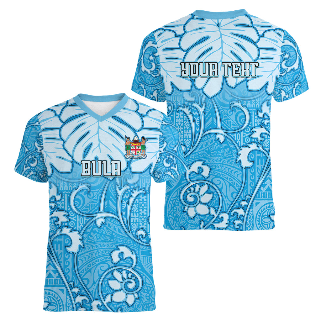 Personalized Fiji Spring Break Women V Neck T Shirt Fijian Tapa Pattern Blue LT05 - Polynesian Pride