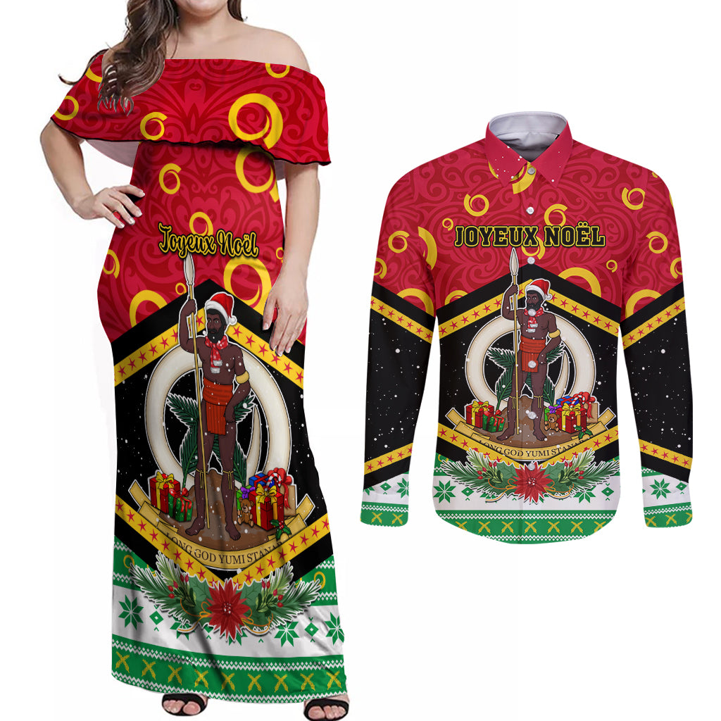 Personalized Vanuatu Christmas Couples Matching Off Shoulder Maxi Dress and Long Sleeve Button Shirts Santa God Yumi LT05 Red - Polynesian Pride