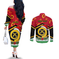 Personalized Vanuatu Christmas Couples Matching Off The Shoulder Long Sleeve Dress and Long Sleeve Button Shirts Santa God Yumi LT05 - Polynesian Pride