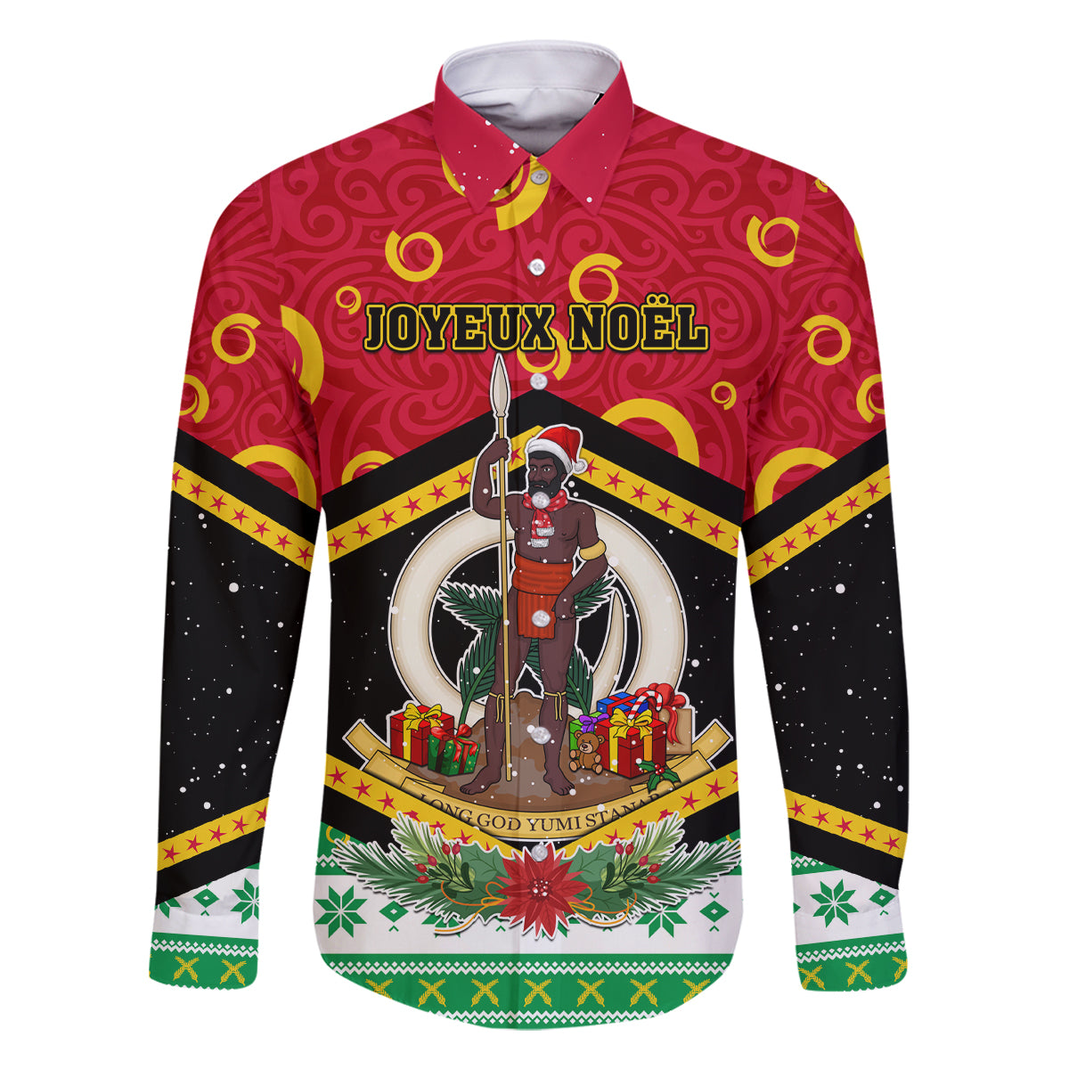 Personalized Vanuatu Christmas Family Matching Off Shoulder Maxi Dress and Hawaiian Shirt Santa God Yumi LT05 Dad's Shirt - Long Sleeve Red - Polynesian Pride