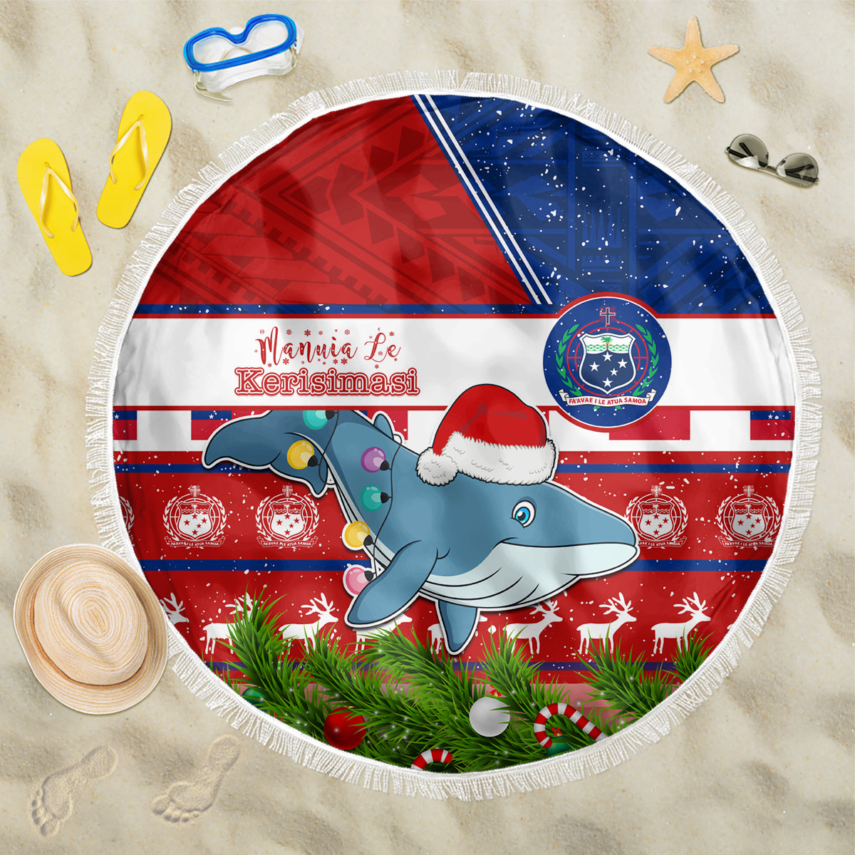 Samoa Christmas Beach Blanket Santas Whale Manuia Le Kerisimasi LT05 One Size 150cm Red - Wonder Print Shop