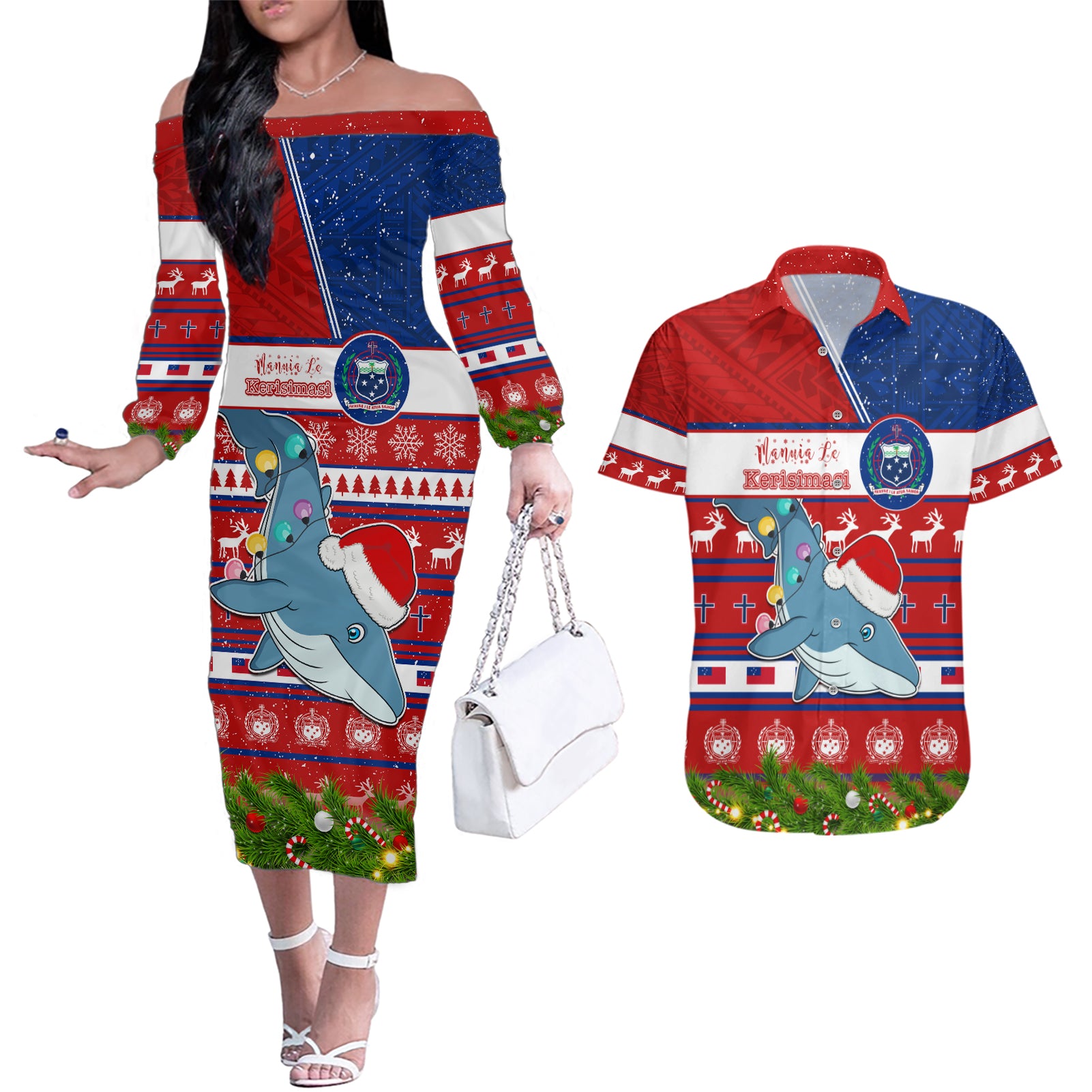 Personalized Samoa Christmas Couples Matching Off The Shoulder Long Sleeve Dress and Hawaiian Shirt Santas Whale Manuia Le Kerisimasi LT05 Red - Polynesian Pride
