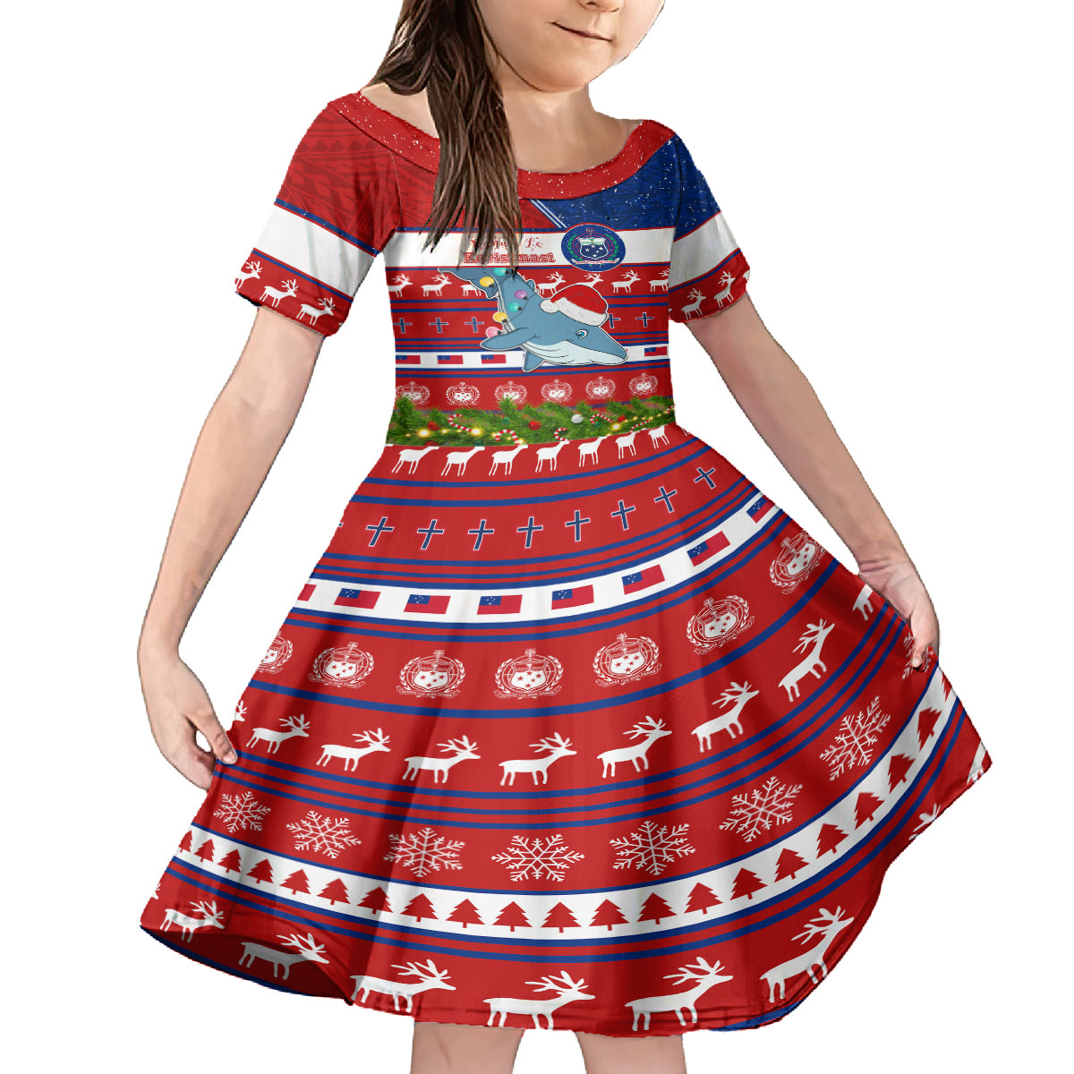Personalized Samoa Christmas Family Matching Long Sleeve Bodycon Dress and Hawaiian Shirt Santas Whale Manuia Le Kerisimasi LT05 Daughter's Dress Red - Polynesian Pride
