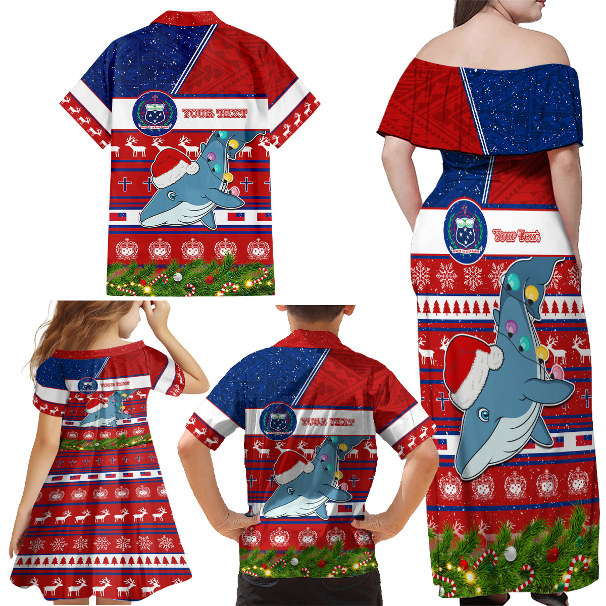Personalized Samoa Christmas Family Matching Off Shoulder Maxi Dress and Hawaiian Shirt Santas Whale Manuia Le Kerisimasi LT05 - Polynesian Pride