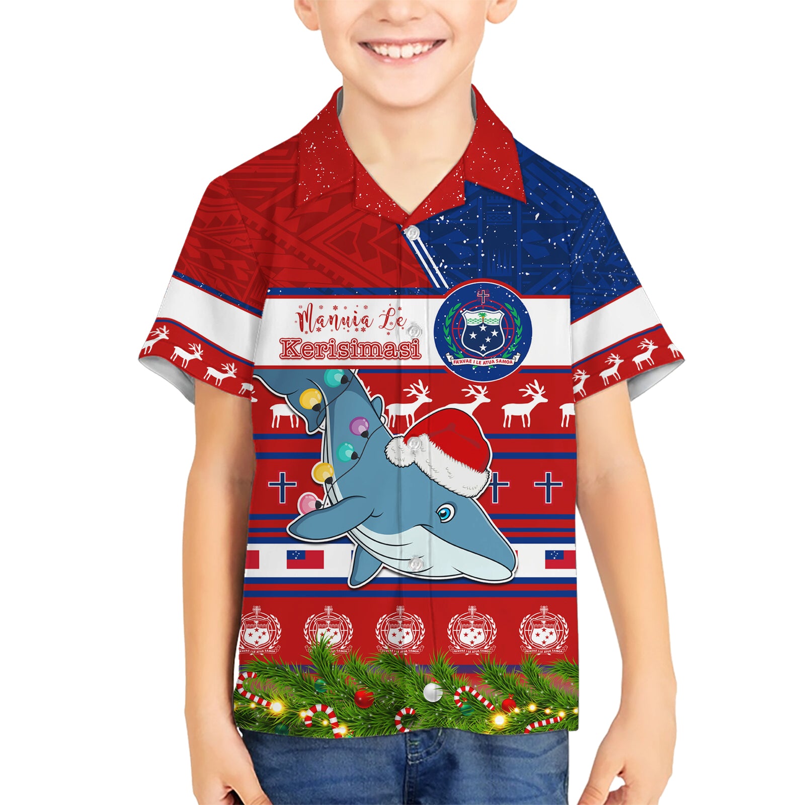 Personalized Samoa Christmas Kid Hawaiian Shirt Santas Whale Manuia Le Kerisimasi LT05 Kid Red - Polynesian Pride