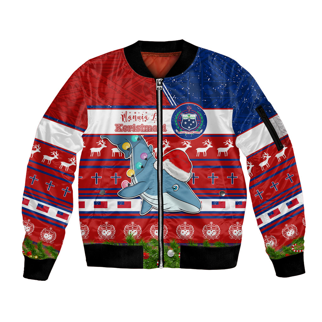 Personalized Samoa Christmas Sleeve Zip Bomber Jacket Santas Whale Manuia Le Kerisimasi LT05 Unisex Red - Polynesian Pride