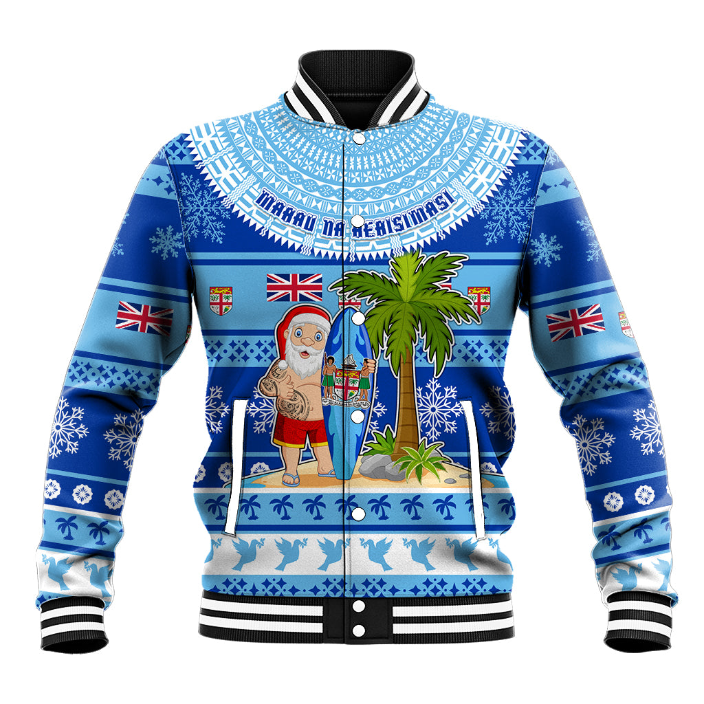 Personalized Fiji Christmas Baseball Jacket Santa Claus Surf Marau Na Kerisimasi LT05 Unisex Blue - Polynesian Pride