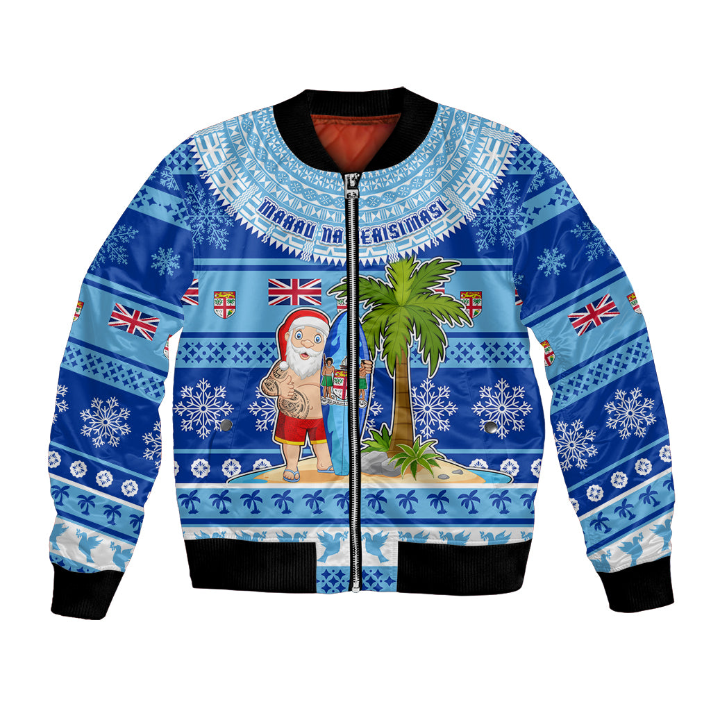 Personalized Fiji Christmas Bomber Jacket Santa Claus Surf Marau Na Kerisimasi LT05 Unisex Blue - Polynesian Pride