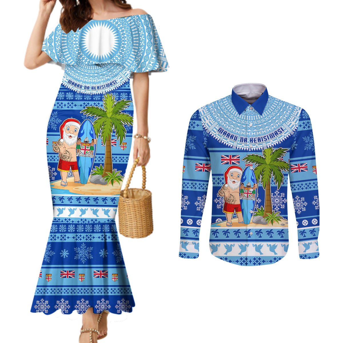 Personalized Fiji Christmas Couples Matching Mermaid Dress and Long Sleeve Button Shirts Santa Claus Surf Marau Na Kerisimasi LT05 Blue - Polynesian Pride