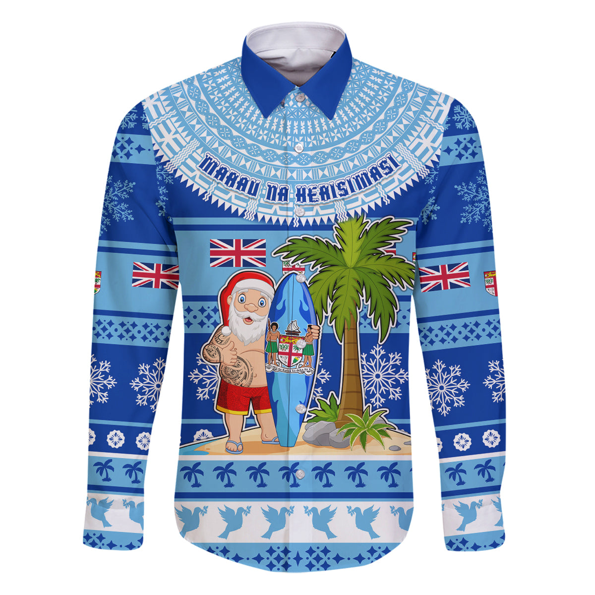 Personalized Fiji Christmas Family Matching Puletasi Dress and Hawaiian Shirt Santa Claus Surf Marau Na Kerisimasi LT05 Dad's Shirt - Long Sleeve Blue - Polynesian Pride