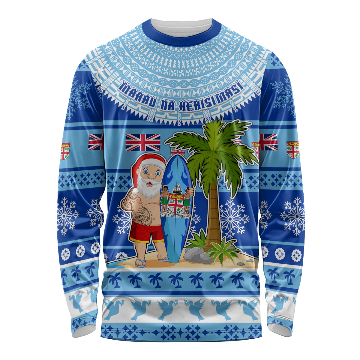 Personalized Fiji Christmas Long Sleeve Shirt Santa Claus Surf Marau Na Kerisimasi LT05 Unisex Blue - Polynesian Pride