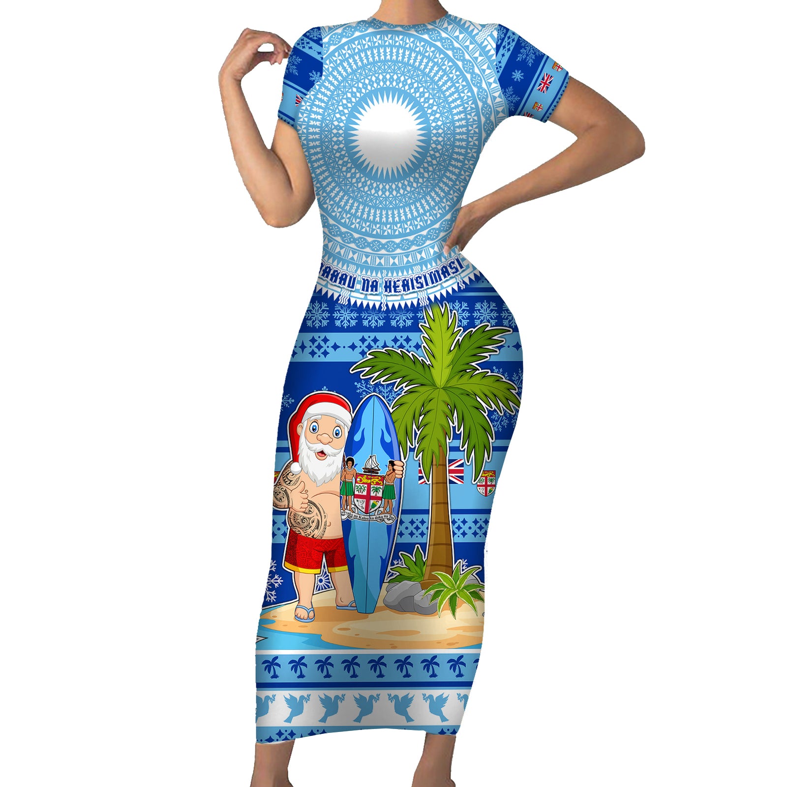 Personalized Fiji Christmas Short Sleeve Bodycon Dress Santa Claus Surf Marau Na Kerisimasi LT05 Long Dress Blue - Polynesian Pride