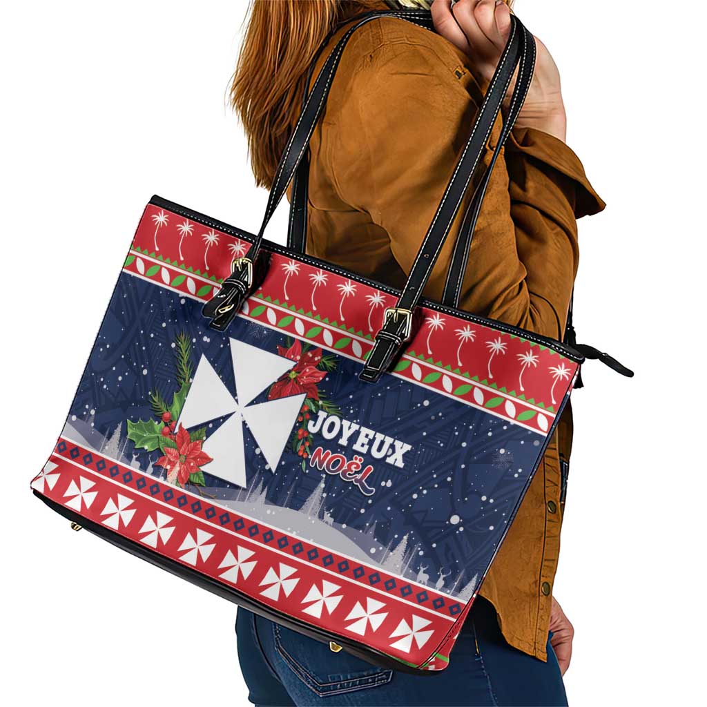 Wallis and Futuna Christmas Leather Tote Bag Poinsettia Joyeux Noel