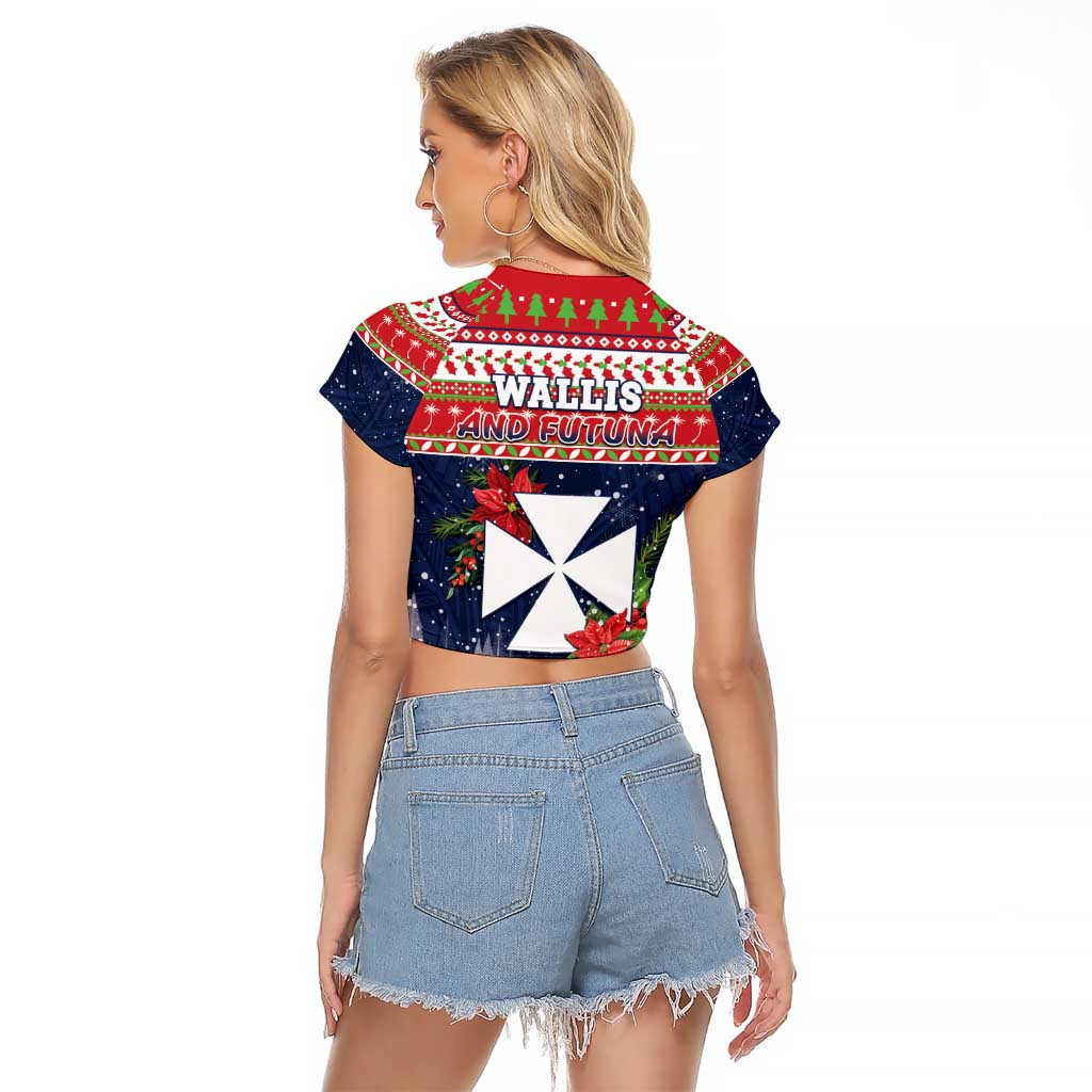 Wallis and Futuna Christmas Raglan Cropped T Shirt Poinsettia Joyeux Noel