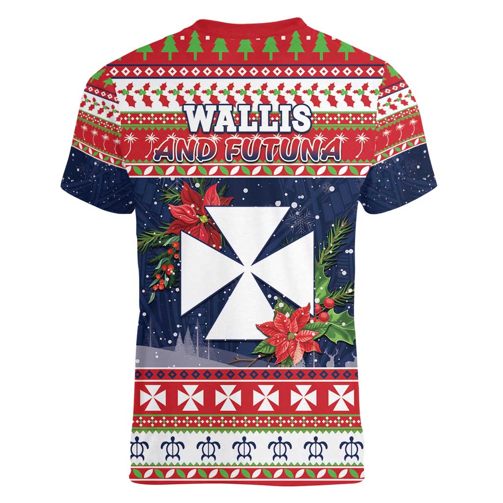 Wallis and Futuna Christmas Women V-Neck T-Shirt Poinsettia Joyeux Noel