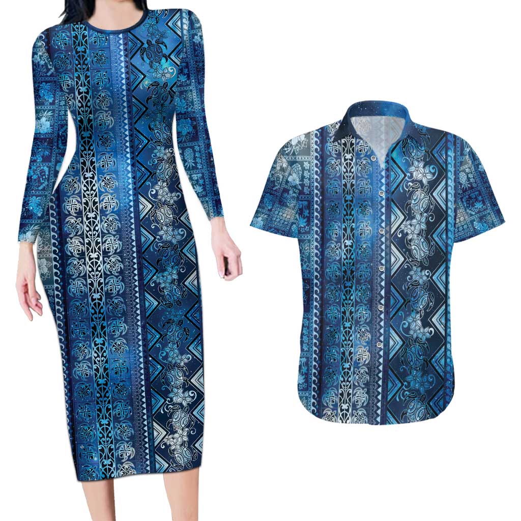 Hawaii Makahiki Turtle Couples Matching Long Sleeve Bodycon Dress and Hawaiian Shirt Galaxy Tapa Pattern - Polynesian Pride