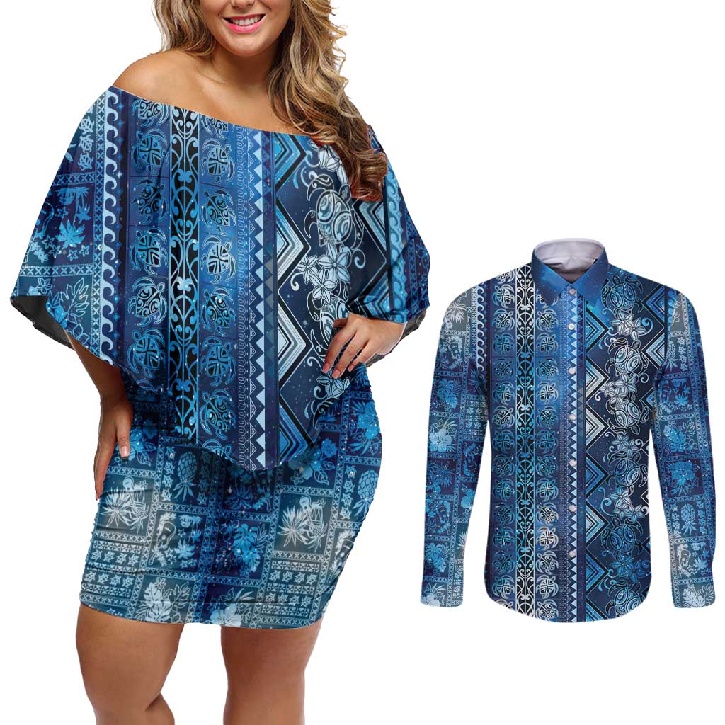 Hawaii Makahiki Turtle Couples Matching Off Shoulder Short Dress and Long Sleeve Button Shirt Galaxy Tapa Pattern - Polynesian Pride