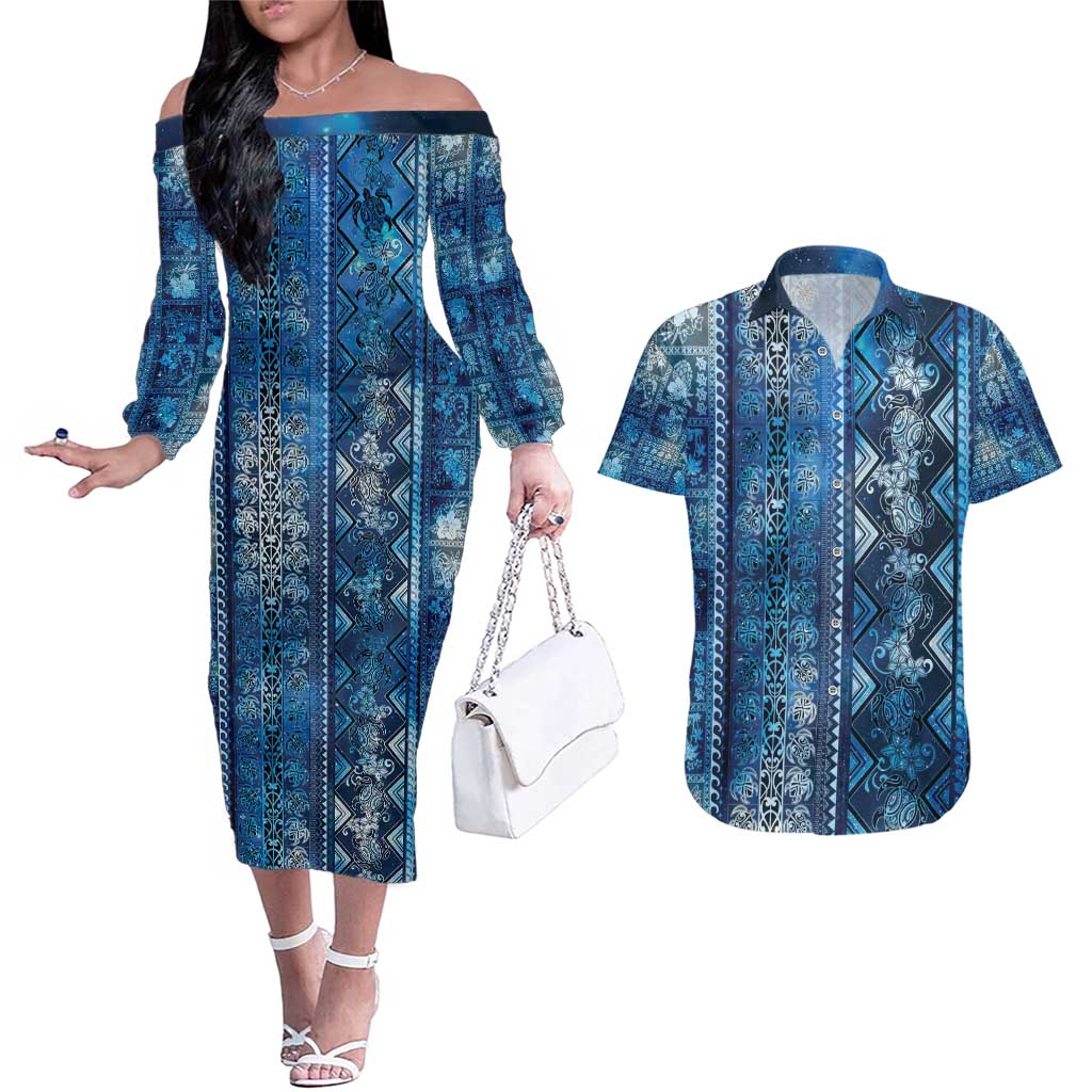 Hawaii Makahiki Turtle Couples Matching Off The Shoulder Long Sleeve Dress and Hawaiian Shirt Galaxy Tapa Pattern - Polynesian Pride