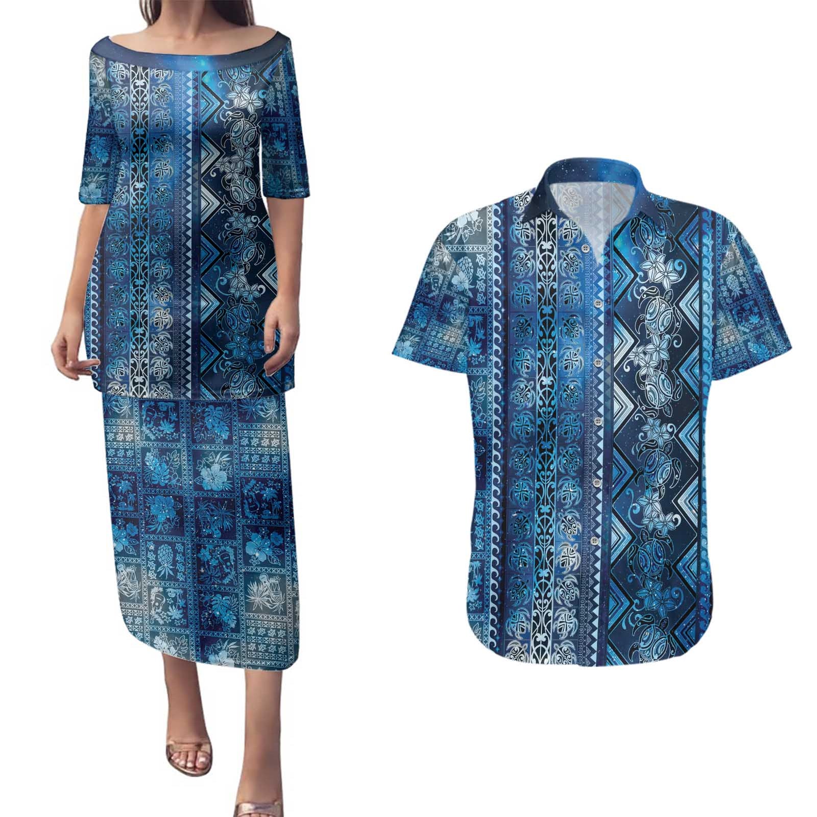 Hawaii Makahiki Turtle Couples Matching Puletasi and Hawaiian Shirt Galaxy Tapa Pattern - Polynesian Pride