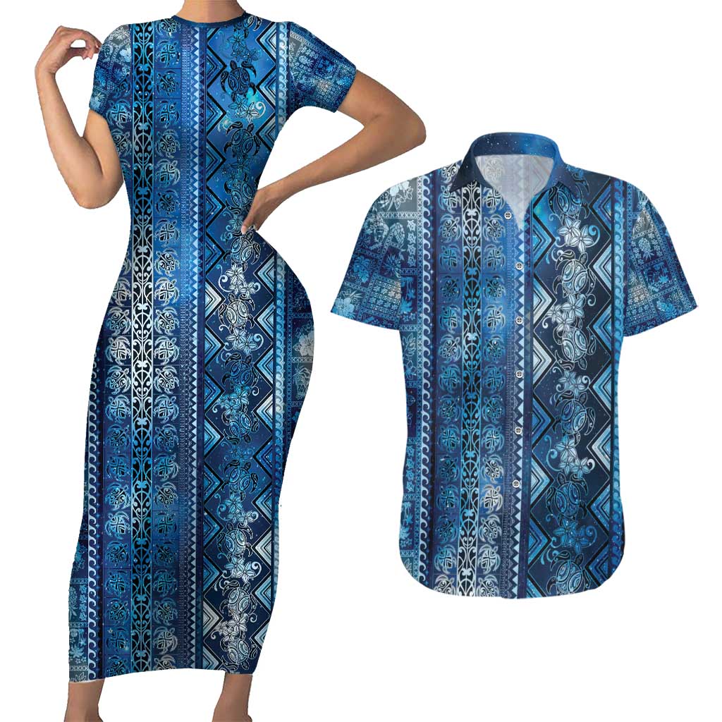 Hawaii Makahiki Turtle Couples Matching Short Sleeve Bodycon Dress and Hawaiian Shirt Galaxy Tapa Pattern - Polynesian Pride