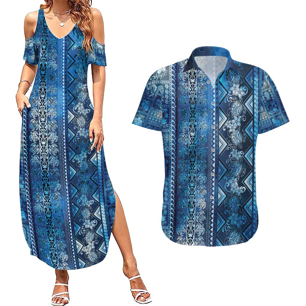 Hawaii Makahiki Turtle Couples Matching Summer Maxi Dress and Hawaiian Shirt Galaxy Tapa Pattern - Polynesian Pride