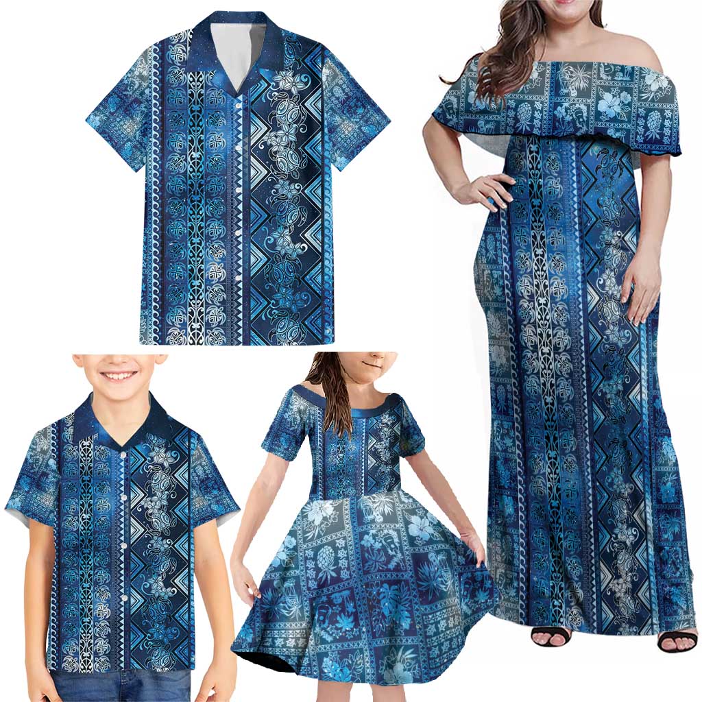 Hawaii Makahiki Turtle Family Matching Off Shoulder Maxi Dress and Hawaiian Shirt Galaxy Tapa Pattern - Polynesian Pride