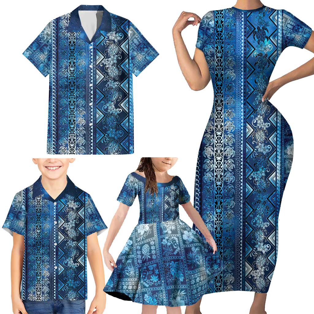 Hawaii Makahiki Turtle Family Matching Short Sleeve Bodycon Dress and Hawaiian Shirt Galaxy Tapa Pattern - Polynesian Pride