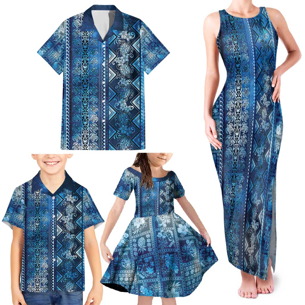 Hawaii Makahiki Turtle Family Matching Tank Maxi Dress and Hawaiian Shirt Galaxy Tapa Pattern - Polynesian Pride