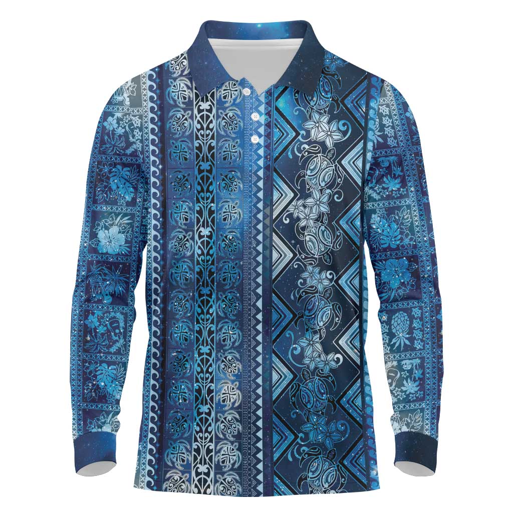 Hawaii Makahiki Turtle Long Sleeve Polo Shirt Galaxy Tapa Pattern - Polynesian Pride