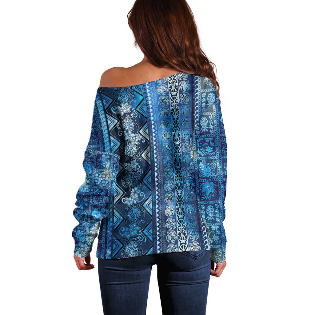 Hawaii Makahiki Turtle Off Shoulder Sweater Galaxy Tapa Pattern - Polynesian Pride