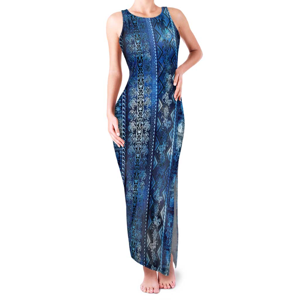 Hawaii Makahiki Turtle Tank Maxi Dress Galaxy Tapa Pattern - Polynesian Pride