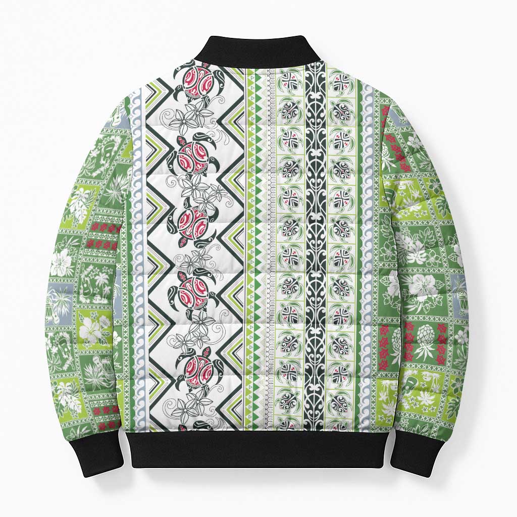 Hawaii Makahiki Turtle Bomber Puffer Jacket Green Tapa Pattern - Polynesian Pride